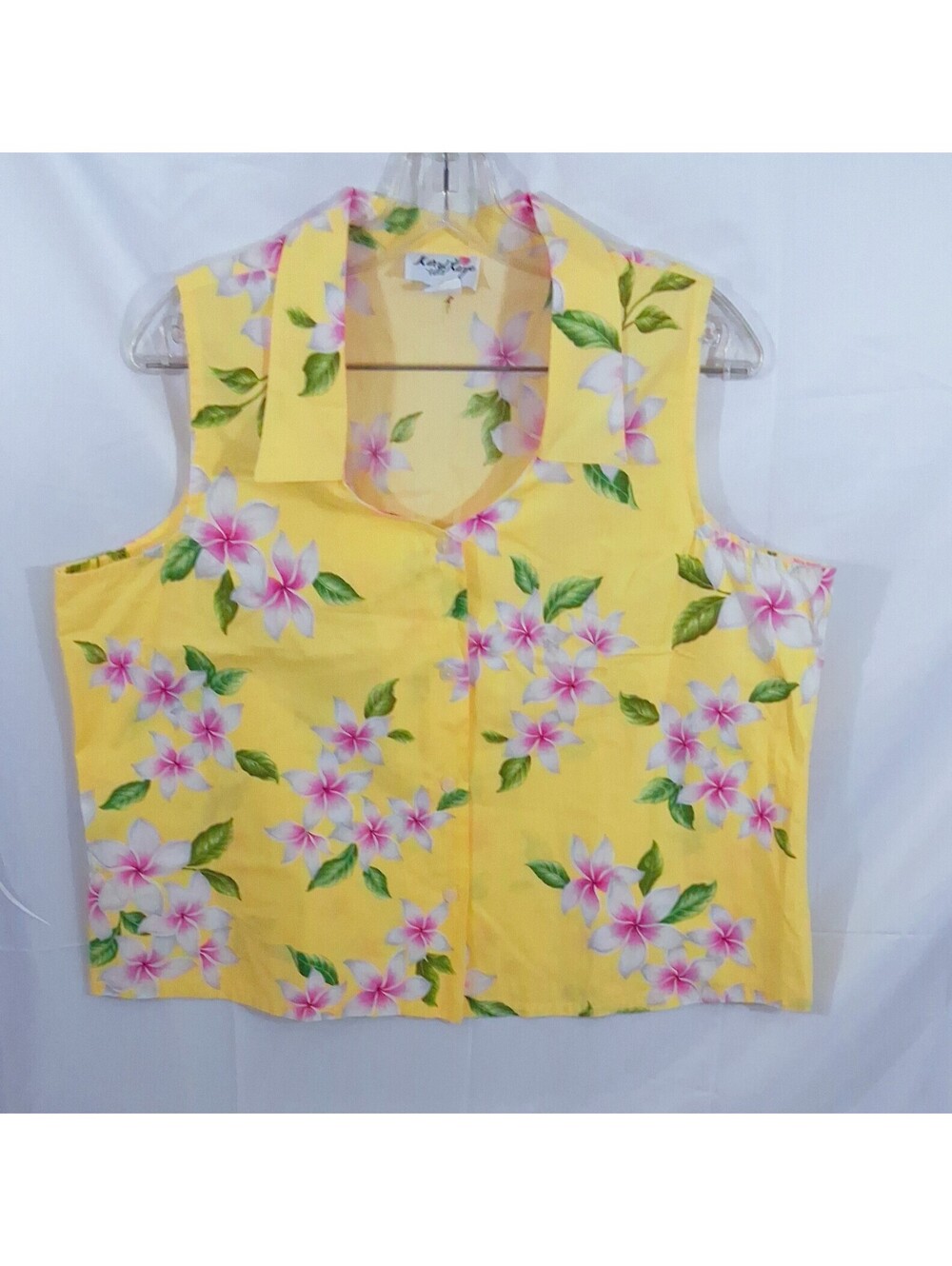 Vintage KARYL Kaye M348 SZ XL Hawaii leeveless VEST Yellow Floral Button Up TOP